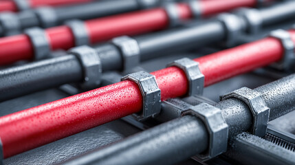 Close-up of hydronic pipes installed beneath flooring, illustrating efficient heat distribution in underfloor heating systems with neat layout and modern construction techniques.

