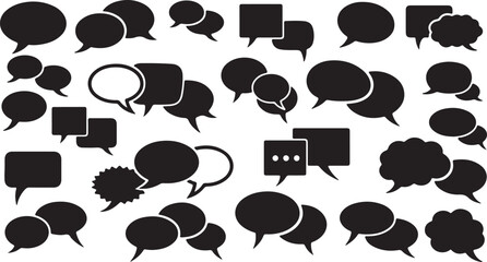 Minimalist set of speech and thought bubbles in solid black silhouette style. Includes various shapes for dialogue, comments, and thinking, perfect for comics, user interfaces, and communication-theme