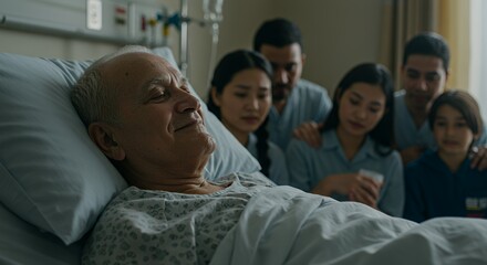 Peaceful Farewell: Family Gathers Around Elderly Man in Hospital