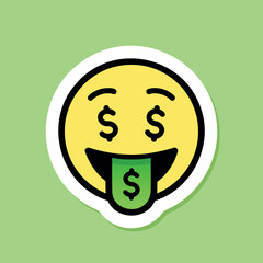 Money Mouth Face emoji sticker, yellow face with dollar sign eyes and tongue, vector design element