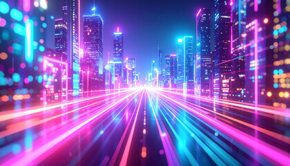 Fototapeta premium cyberpunk cityscape on holographic UI grid background. Generated Image