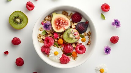 Healthy granola with kiwi, figs, raspberries, and edible flowers top view white ceramic bowl