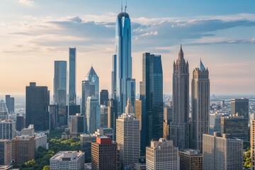 Naklejka premium Panoramic Urban Skyline with Skyscrapers and Office Towers
