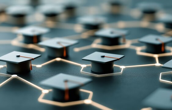 Innovative education technology visualizing personalized learning pathways with graduation caps connected by digital circuits