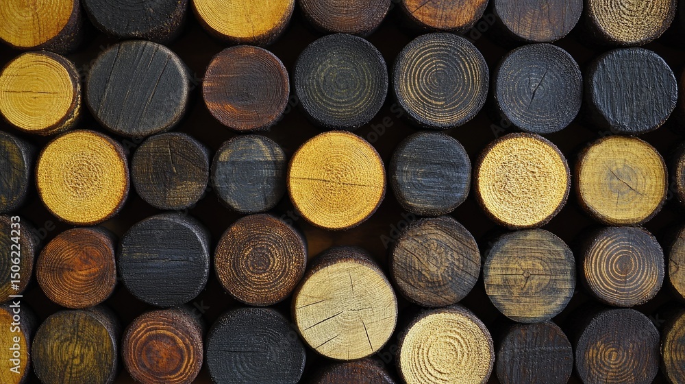 Poster circular wooden cutouts arranged in a grid pattern.