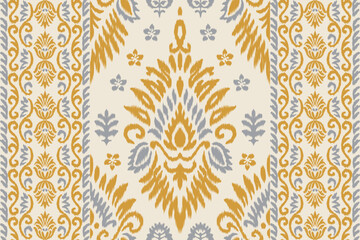 Traditional ikat pattern seamless textile design in yellow and blue color scheme. Ethnic bohemian fabric ornament for fashion, home decor, crafts, wallpaper, wrapping paper, and surface design.