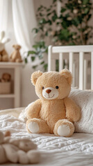 Cream-colored plush teddy bear resting on a white bed in a softly lit baby’s room, featuring a blurred background and cream tones with blank space for caption on the side.

