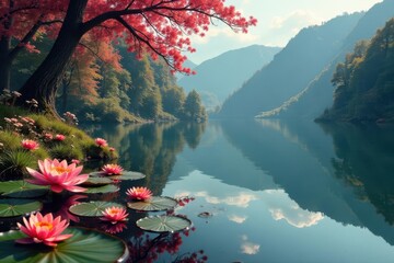 Intricate floral design reflected on calm lake surface, flower, print