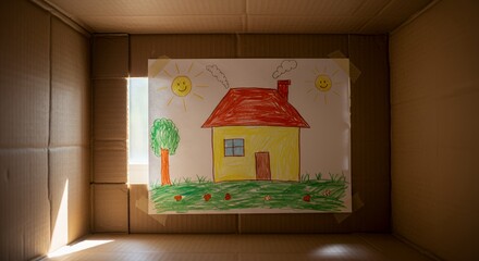 Child's Drawing of a House Inside a Cardboard Box: A Symbol of Home and Imagination