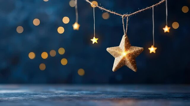 Golden star decoration hanging on string with glowing light and festive holiday star string lights on dark blue background