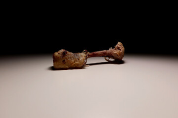 Eaten chicken drumstick bone with meat remnants on white surface and dark background. Minimal food waste concept, leftover poultry close-up with dramatic lighting and studio composition