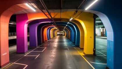 Aerial view of spiral parking garage painted in rainbow. Generated Image