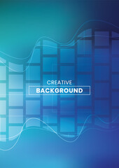 Abstract vector background with blue gradients, geometric square patterns and smooth wave lines.