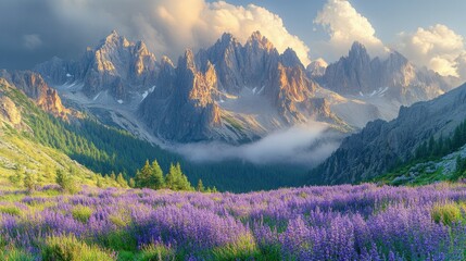 Lush valley scene with towering mountains and purple wildflowers.