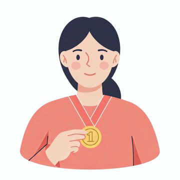 A cartoon woman proudly shows off her gold medal, signifying she achieved first place with skill and dedication in competition, flat style illustration