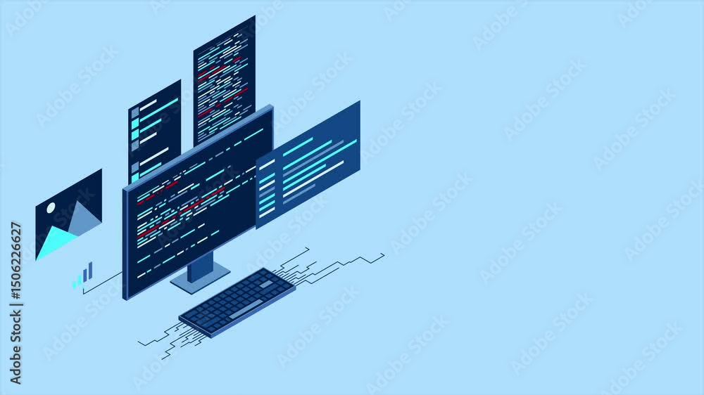 Poster Isometric desktop computer. Coding programming technology. Programming concept. Technology animation