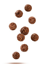 Chocolate candy balls with nuts falling isolated on white background.