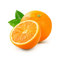 Orange fruits with cut in half and leaves isolated on white background.