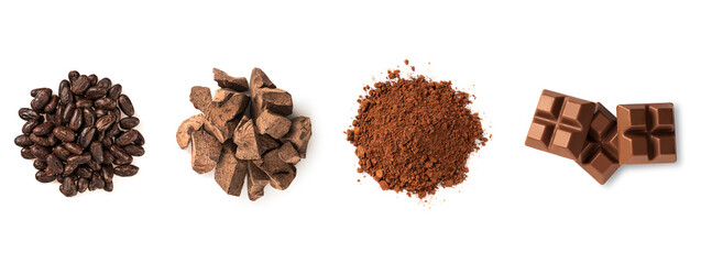 Cocoa products. Cocoa beans, cocoa mass, cocoa powder and chocolate bar isolated on white background. top view