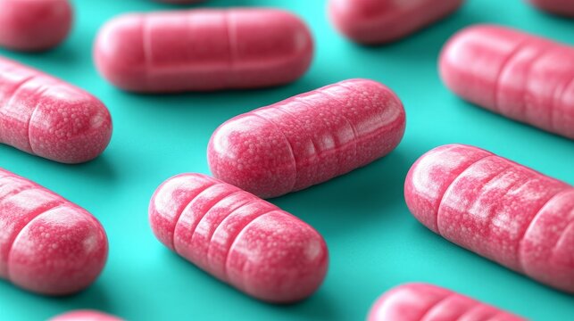 glossy pink pharmaceutical capsules on vibrant turquoise background abstract medical concept of medication healthcare innovation antibiotics vitamins and drug development texture detail