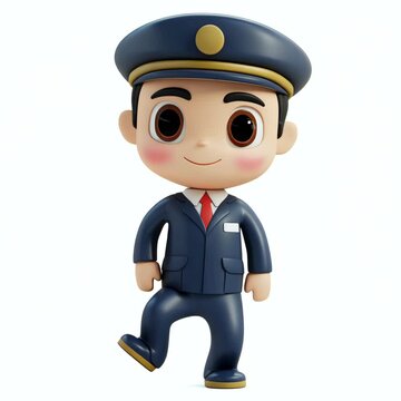 A cute, cartoon-styled character stands smiling, wearing blue uniform with red tie and matching hat against stark white background, 3d style imitation