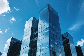 Fototapeta premium Modern Business Architecture Under Clear Blue Skies Featuring Reflective Glass Facades for Investment Opportunities