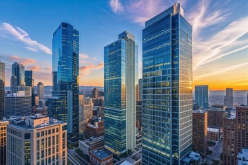 Obraz premium Dynamic Contemporary Skyscrapers in a Flourishing Urban Office Landscape