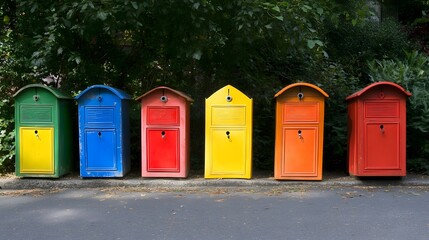 Colorful Recycling Bins Row Outdoors Green Background