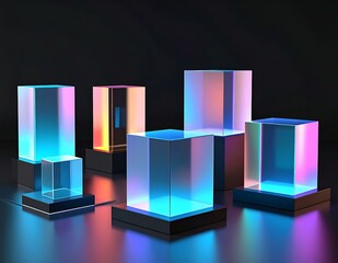 Neon Glass Cubes Display, Abstract Geometric, Colorful Blocks, Illuminated Platforms, Modern Design,