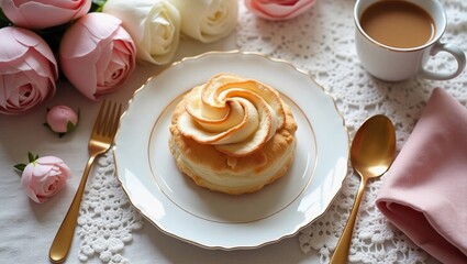 Flatlay of a pastry on a vintage gold-trimmed porcelain plate, placed over an ivory lace tablecloth. Surrounded by blush pink and white peonies, a gold dessert fork, a dusty rose linen nap