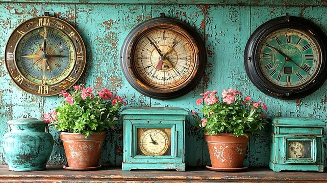 Vintage wall with antique clocks and potted flowers against a rustic wooden backdrop