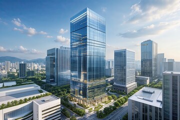Futuristic Office Skyscraper with Shimmering Glass Exterior in Expanding Urban Environment and Vibrant Business Hub