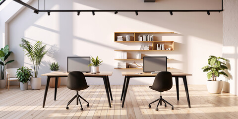 Empty room setup office space. Home loft modern design. Two chair indoor area. Sunlit clean light wood desk calm table. Urban work tech, potted decor plants. Open book plan task. Clear white neat wall