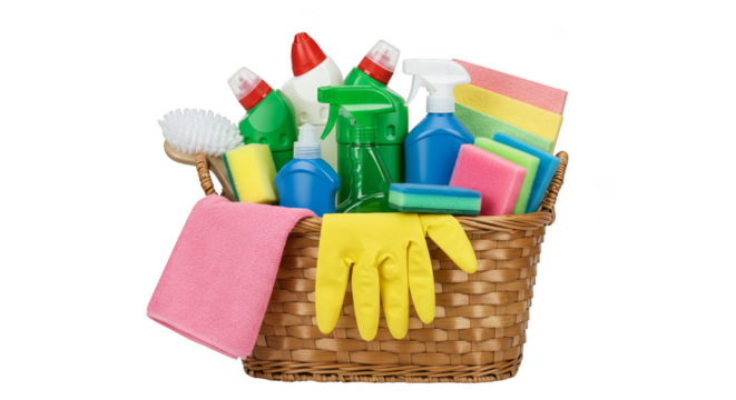 Cleaning Supplies Still Life Assortment in Basket Isolated Background