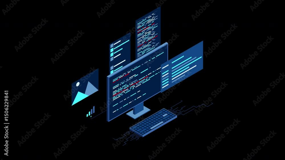 Poster Isometric desktop computer. Coding programming technology. Programming concept. Technology animation. Transparent background with alpha channel