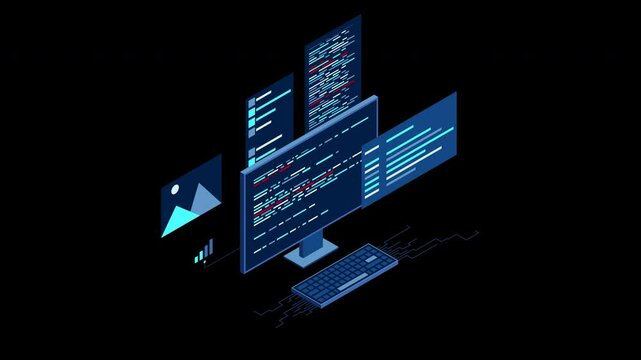 Isometric desktop computer. Coding programming technology. Programming concept. Technology animation. Transparent background with alpha channel