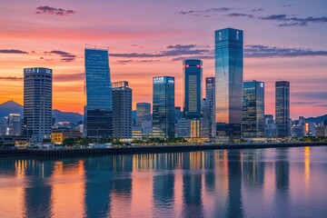 Naklejka premium Osaka Japan Sunset Reflections on Modern Skyscrapers by Calm Waterfront Urban Skyline