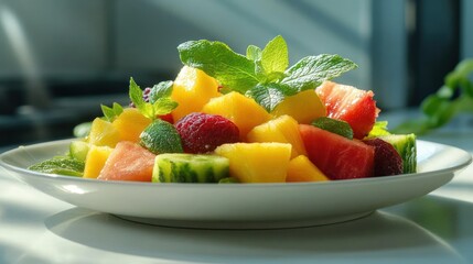 Fresh Fruit Salad with Mint on White Plate