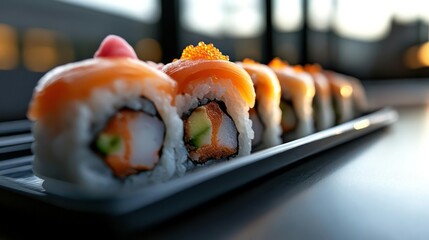 Fresh Salmon Sushi Rolls on Plate