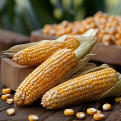 Fresh Sweet Corn on the Cob with Kernels on Rustic Wooden Table