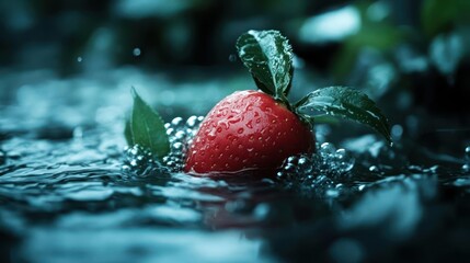 Fresh Strawberry in Water with Bubbles and Leaves