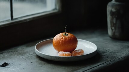 Fresh tangerine on a plate next to a window