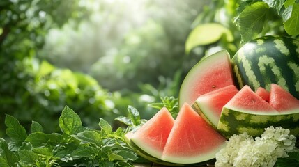 Fresh Watermelon Slices in a Lush Garden Setting