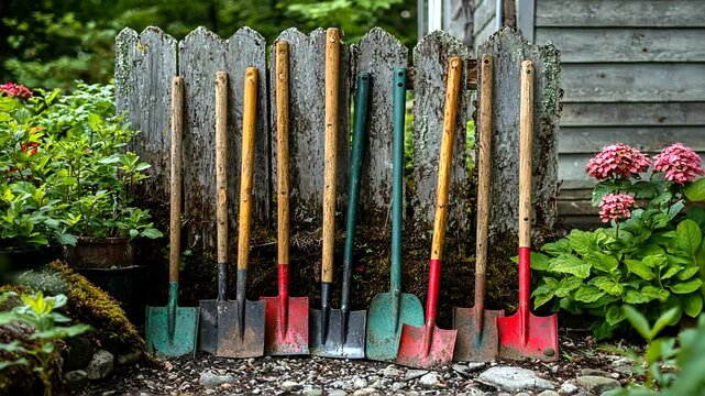 A row of colorful garden shovels lined against a rustic wooden fence amidst lush greenery