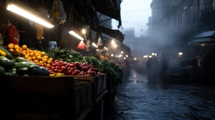 Fruit and Vegetable Market in Misty City Street