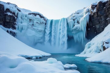 Frozen waterfall, icy textures on pristine white snow, still life, frozen water, icy