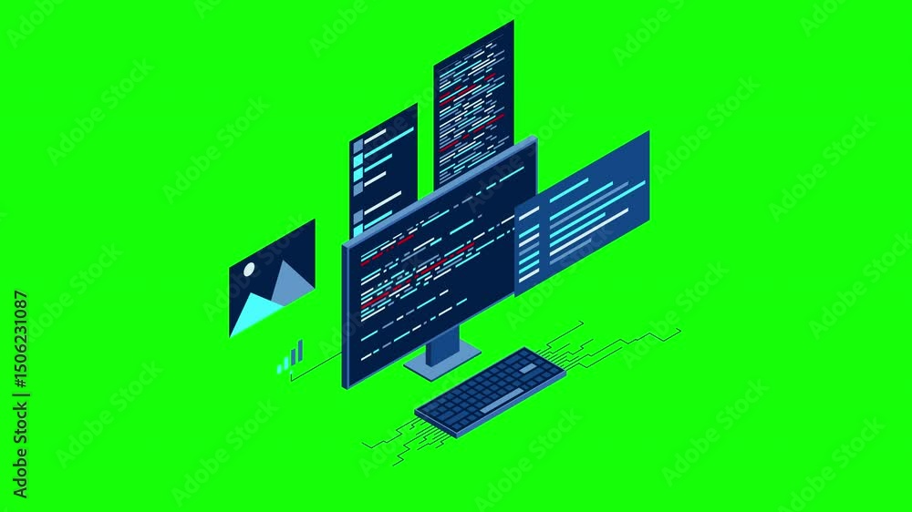Poster Isometric desktop computer. Coding programming technology. Programming concept. Technology animation