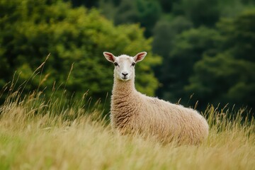 Fototapeta premium Young sheep standing in a green meadow