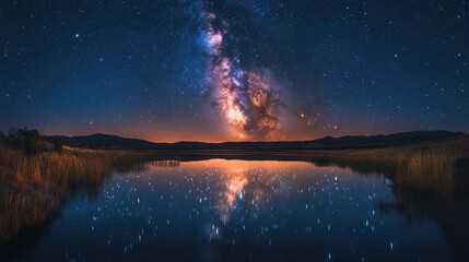 Milky way reflected in a tranquil lake at night.