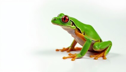 Obraz premium Green tree frog perched on white, vibrant skin, white background image, frog, animal photography